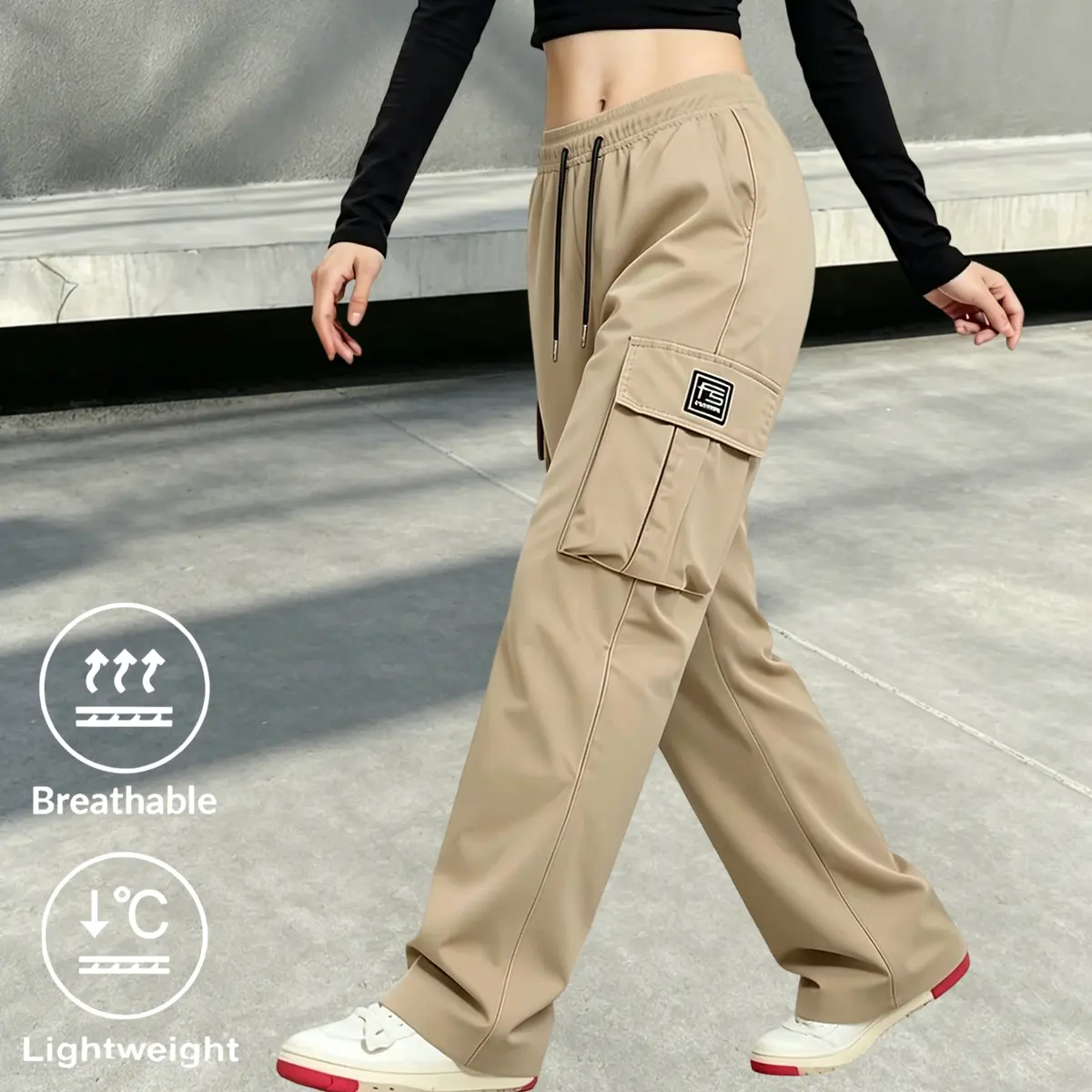 Women’s casual cargo pants featuring a solid color design, patterned details, and an adjustable elastic waistband; casual outdoor long pants suitable for jogging outdoors and everyday wear—women’s casual long pants.