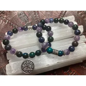 Pisces Astrology Zodiac Bracelet - February March - Sodalite - Amethyst - Bloodstone - Chrysocolla