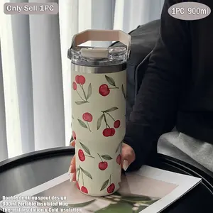 900ML Cherry Theme Stainless Steel Insulated Cup, Dual Layer Vacuum Bottle, Outdoor Coffee Mug, Portable, Gift for Office Home School Travel, Insulated Vacuum Flask