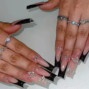 Press-on nails Black Press on Nails Long Square Rhinestones Acrylic Fake Nails with 3D Alloy Butterfly Design Glue on Glossy Full Cover Artificial Gel False Stick on Nail for Girls Women Wedding 24Pcs