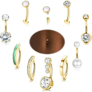 CASSSIE 14g Geometric Shape CZ Rhinestones Surgical Stainless Steel Belly Button Rings, 14 Karat Plated Silver/Gold Clicker Navel Piercings Pack for Women, Unisex Casual Body Jewelry Summervibes