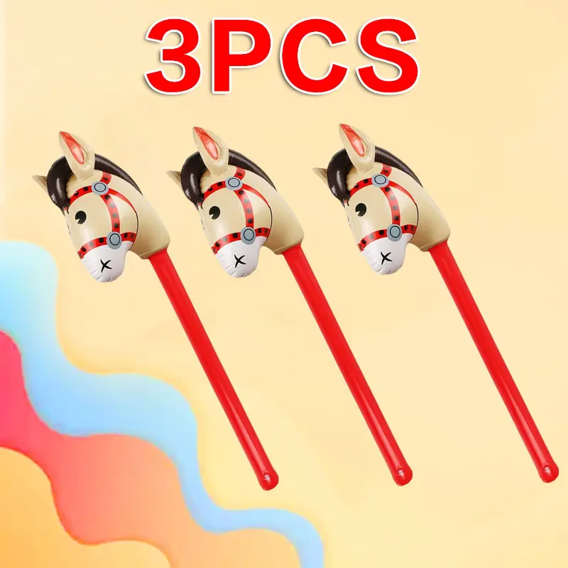 3PCS PVC Inflatable Pony Stick Horse Costume Accessories - Halloween, Western Cowboy, Happy Birthday Party Decorating Supplies - 37in (Red, for Kids)