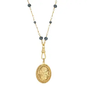 1928 Jewelry Blue Montana Glass Beaded Double Side Oval Floral Locket Necklace 30"