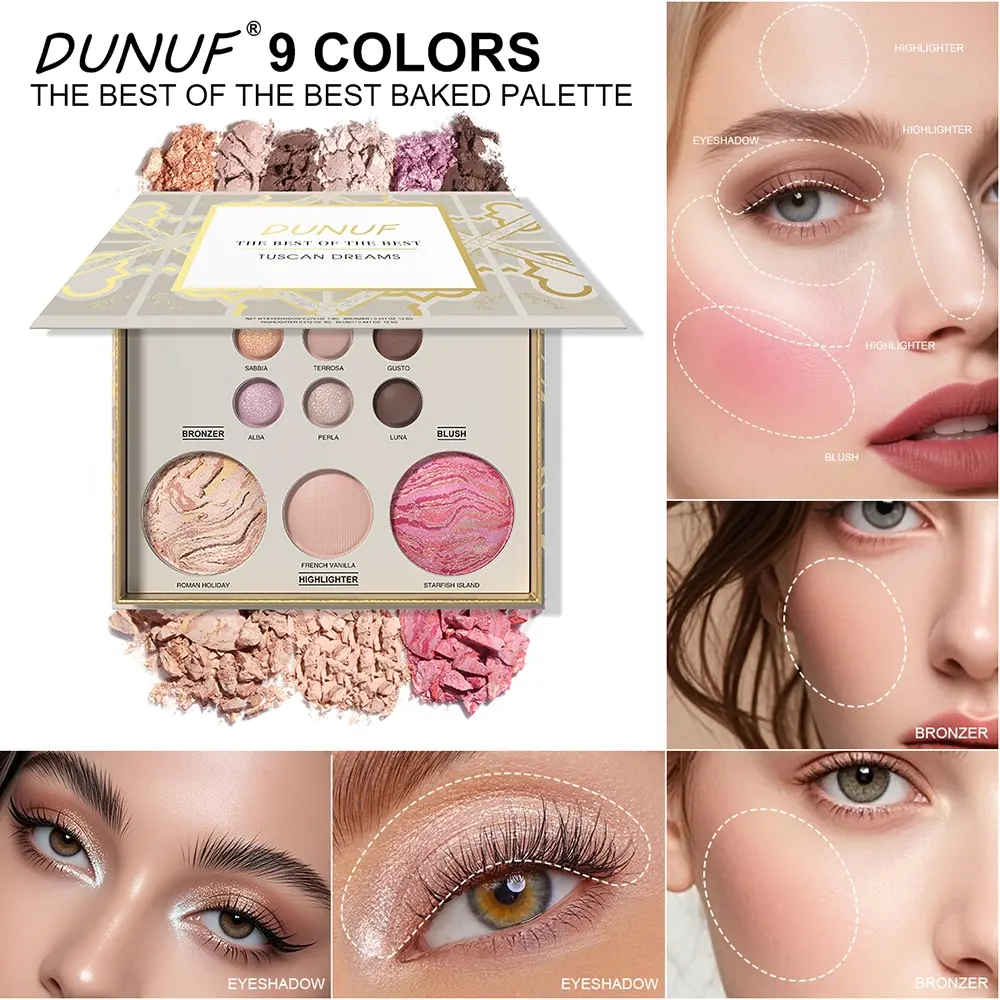 Dunuf 9 Color Contour Eyeshadow Blush Highlight Makeup Palette, Highly Pigmented Palette, Easy Application High Pigmentation Long Lasting, Women's Holiday Gift