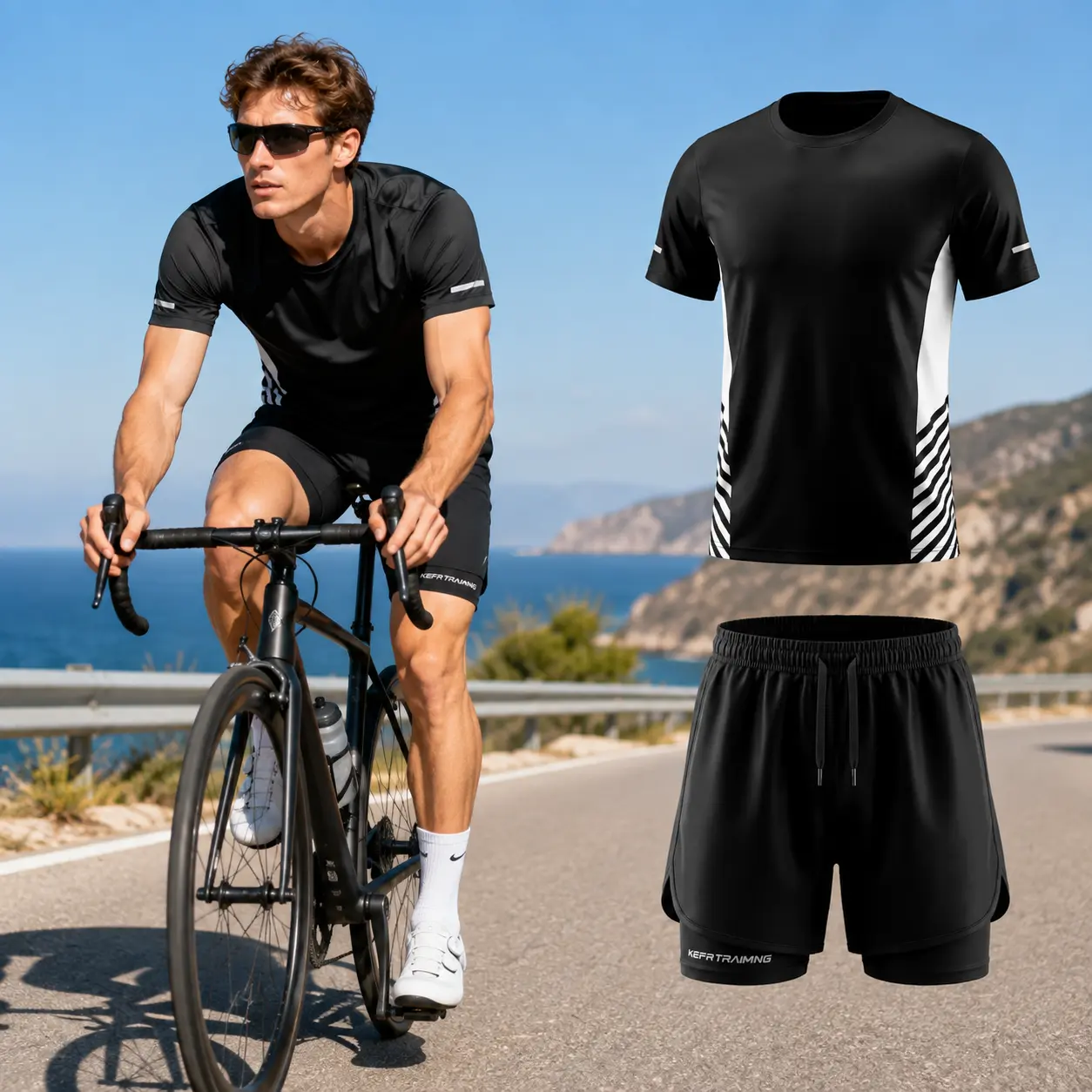 Men's Sports Outfit 2 Piece, Quick Dry Training T Shirt and 2 in 1 Gym Shorts with Liner Pocket for Running Fitness Basketball