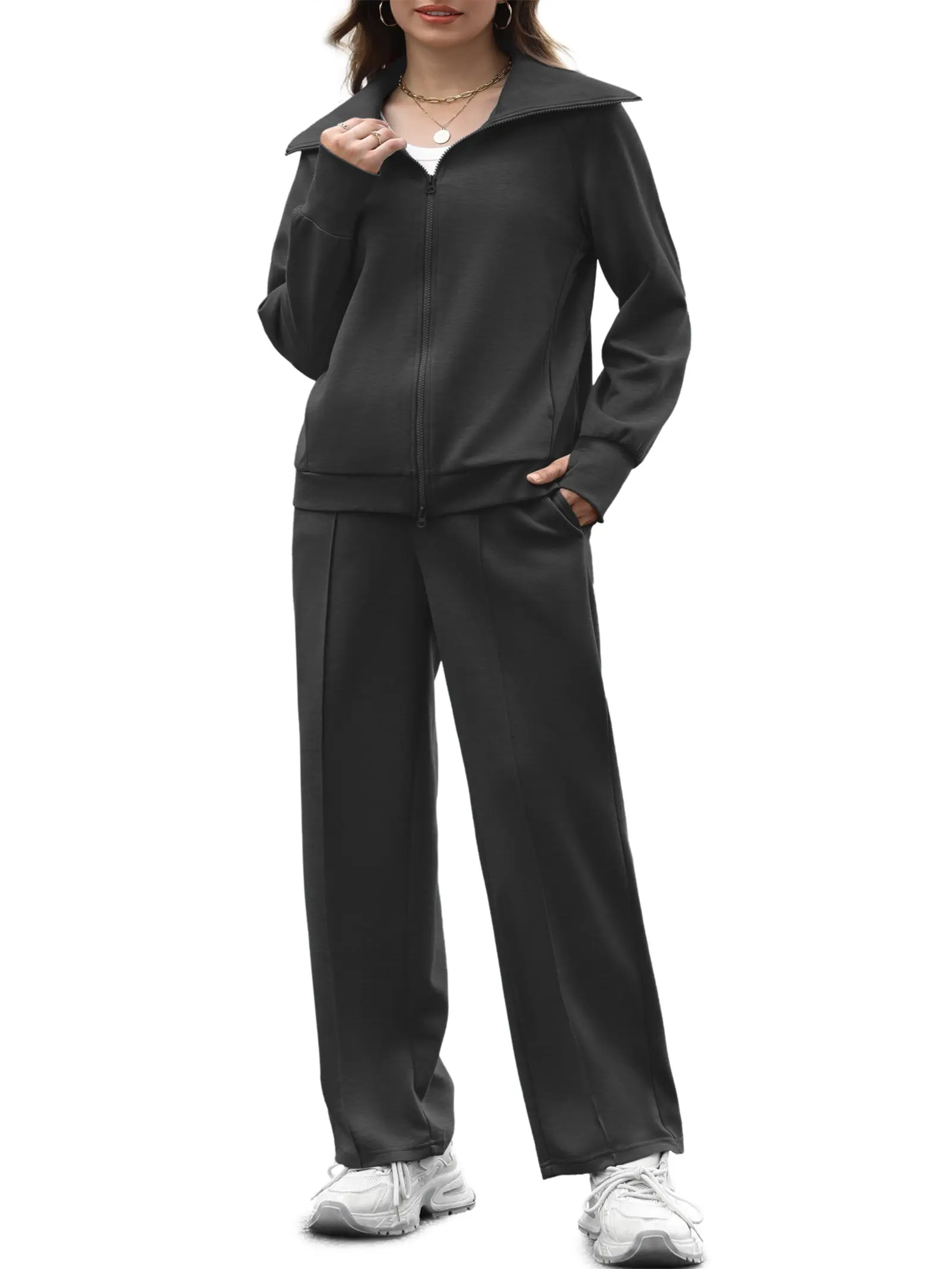 Casly Lamiit Women's 2-Piece Loose Sporty Athletic Wear Set - Women's Clothes, Long Sleeve Shirts with 2-Way Zip, Full-Length Bottoms, Soft Breathable for Fall Winter Yoga, Running Errands, Breathable Women's Sportswear Set, Two-Way Zip