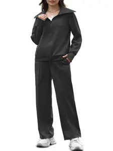 Casly Lamiit Women's 2-Piece Loose Athleisure Wear Set - Soft, Breathable Long-Sleeve 2-Zipper Sweatshirt, Full-Length Sweatpants, for Fall Winter Yoga Gym Outfits, Training Clothes