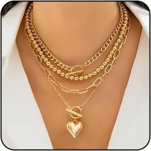 Layered Gold Necklace for Women Non Tarnish Chunky Gold Necklace Stack for Women Paperclip Chain Necklace for Women Retro Coin Medallion Heart Pendant Necklace Gold Jewelry Set