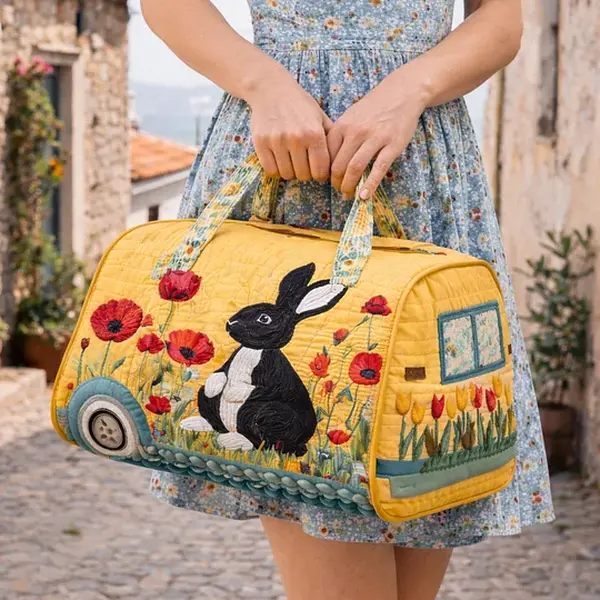 Women’s Quilted Bunny Floral Weekender Bag, Retro Camper Van Travel Duffel, Large Capacity Carry On Overnight Tote for Vacation, Road Trip, Weekend Getaway, Gym, Cottagecore Travel Bag
