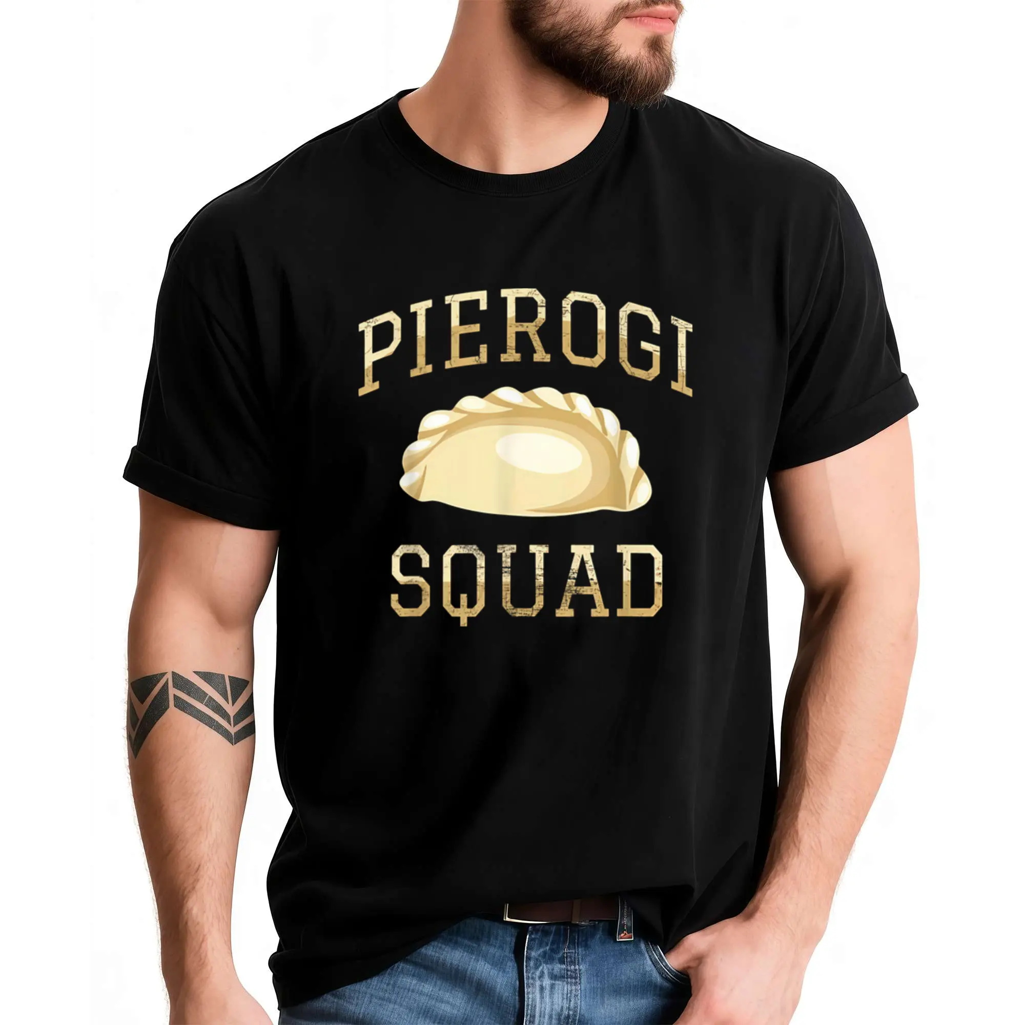 Polish Pierogi Squad Pride Food T-Shirt | Black Tee with Bold Yellow Polish Dumpling Design and Polish Squad Logo - Casual Round Neck Short Sleeve Shirt for Polish Food Lovers, Machine Washable Apparel