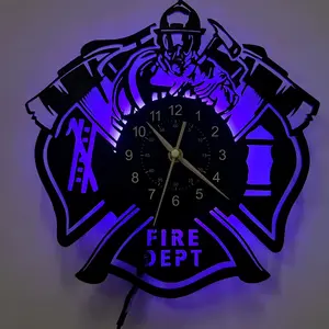 Creative LED Wall Clock for Firefighters, Classic Badge Design, Features Fireman Silhouette, Axe, Ladder, Hydrant, Ideal for Fire Enthusiasts