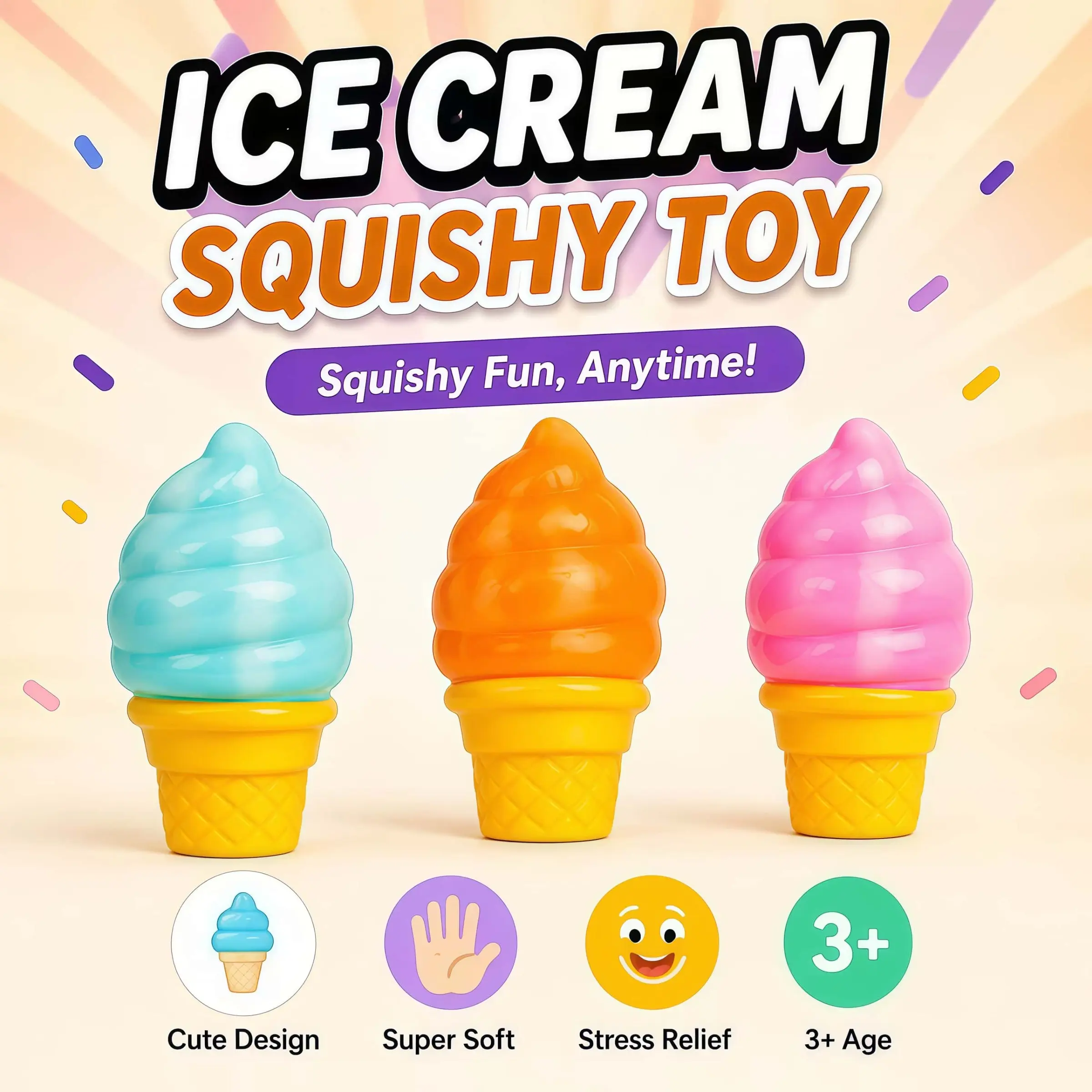 Super Soft Ice Cream Squishy Toy | Stress Relief Squeeze Fidget Sensory Toy for Kids & Adults | Cute Birthday Gift Party Favor | Squishy Fidgets