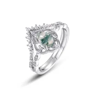 925 Silver Cubic Zirconia White Vintage Pear Shaped Engagement Set Moss Agate Ring Factory   Valentine Gift for Girlfriend