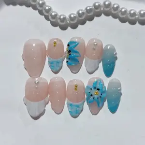 Pastel - Colored Almond - shaped False Nails with Floral and Pearl Decor - Charming and Durable Nail Art-10 pieces handmade wearable manicure,music note,party press,summer style,summer nail art,reusable colorful art,full cover stick,summer vacation