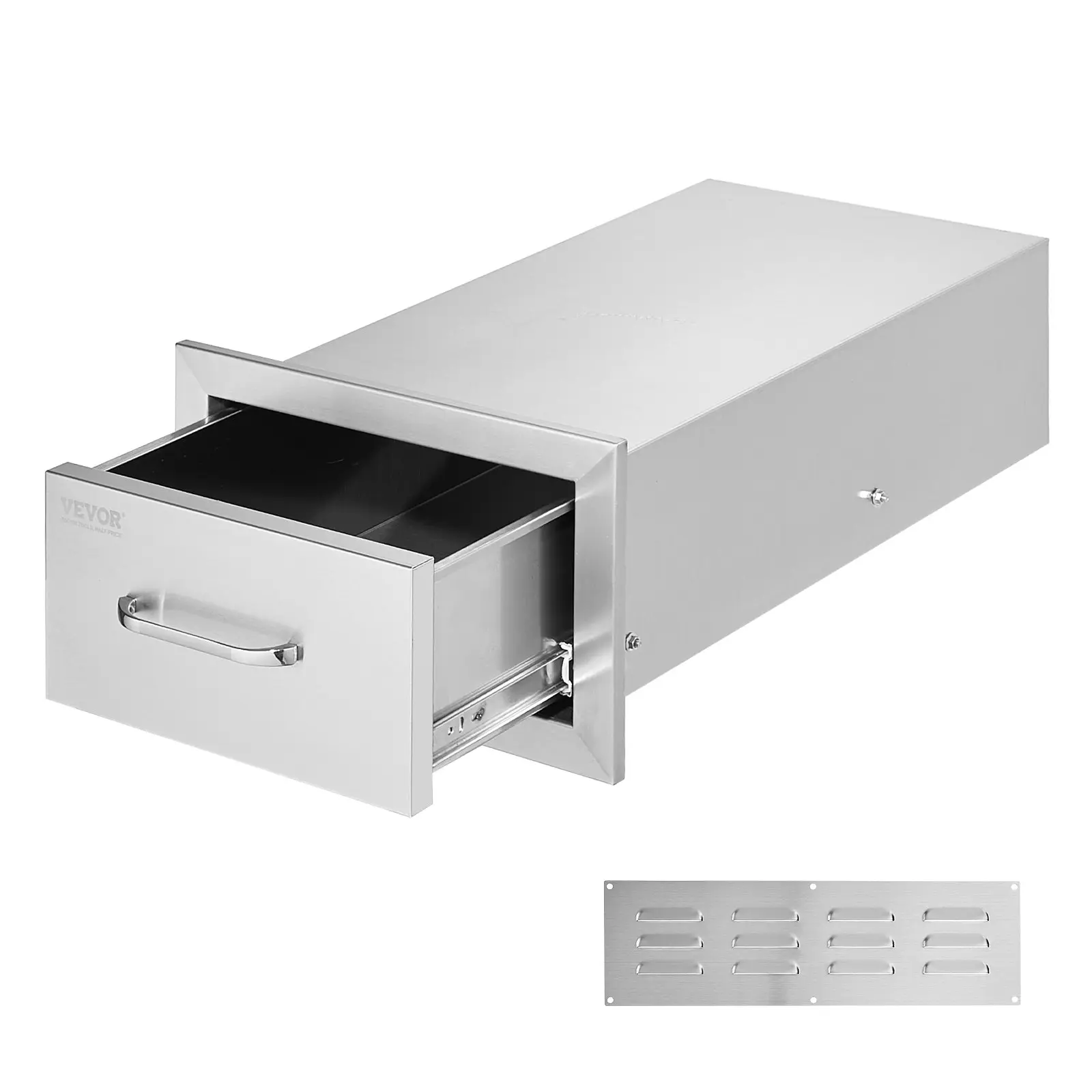 VEVOR Brushed Finish Stainless Steel Flush Mount Double Outdoor Kitchen Storage Drawers, 14W x 8.5H x 23D in, Stainless Steel Handle, Stable with Silent Rails, Assembly Required BBQ Island Storage Furniture, Easy Install