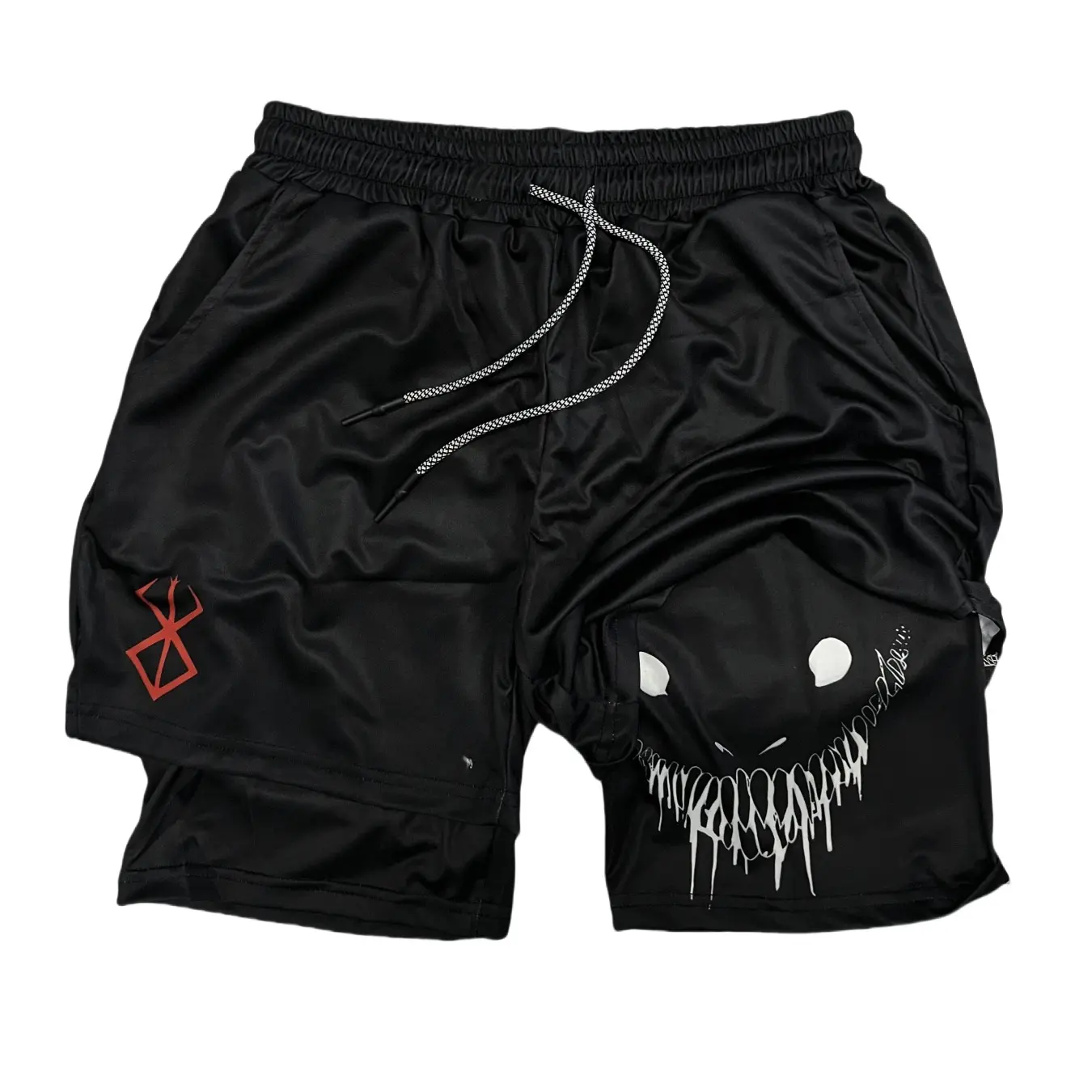 Men's Cartoon BOS X DEMON SMILE Double Layer Performance Shorts, Athleisure Casual Shorts, Athletic Bottoms for Workout Fitness