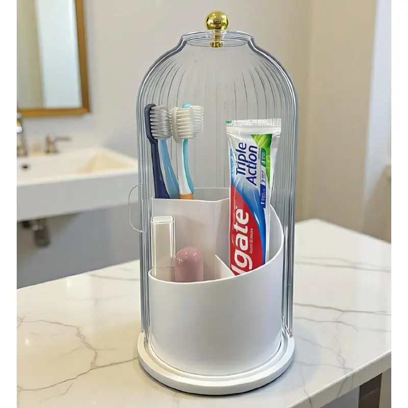 Dustproof 360 Rotating Toothbrush Holder with Cover – 3-Slot Bathroom Organizer for Electric Toothbrush, Toothpaste & Makeup Brushes | Space-Saving Bathroom Vanity Countertop Vanity Storage | Home Must-Haves