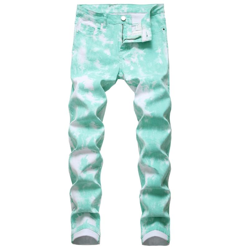 Men's Green Print Slim-fit Casual Jeans Stretch Menswear Spandex Pants Streetwear