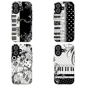 FL-Black & White Piano Key Phone Case,Polka Dot & Lace Piano Aesthetic Cover,Elegant Musical Swirl & Floral Protective Cover For iPhone 11 12 13 14 15 16 17 Air Pro Max for Samsung S26 S25 S24 S23 S22 S21 Case,Gift for her/him