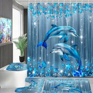 1/4 Pcs Blue Dolphin Dance Shower Curtain Set,Easy Clean, Includes 12 Hooks, Non-Slip Bathmat, Toilet Lid, Machine Washable, Suitable For All Seasons And Holidays Bathroom Decor Fall Decor Bathroom Accessories Back To School