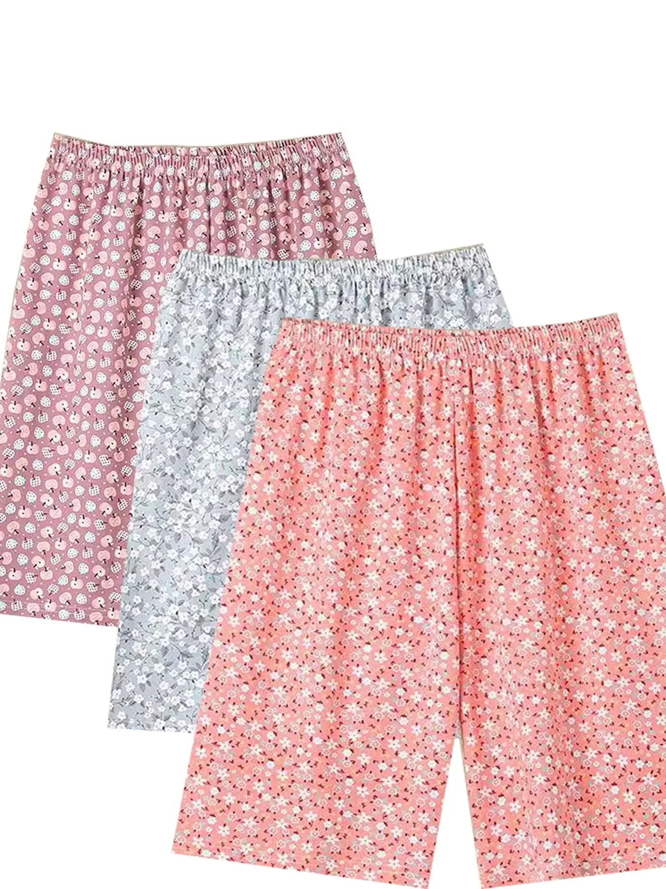 3-Pack Plus Size Women's Printed Short Pajama Sleepwear, Summer Wearable Casual Loose Five-Quarter Loungewear Sleep Pants, Large Size Shorts