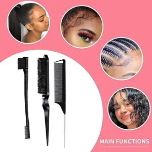 3-Piece Hair Styling Comb Set, Detangling Tail Comb, Edge Brush, Frizz Control, Ideal for Wigs, Braiding, Sectioning, Hairstyling Tools