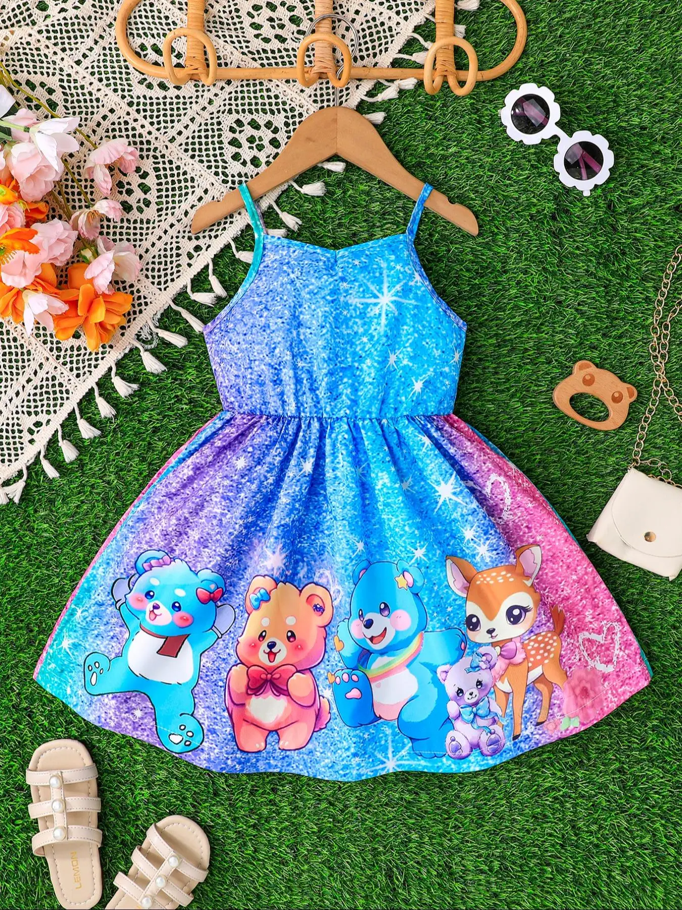 Girl's Cartoon Bear Print Sweater Dress, Cute Casual Sleeveless Knit Dress for Summer, Kids Clothes for Daily Wear