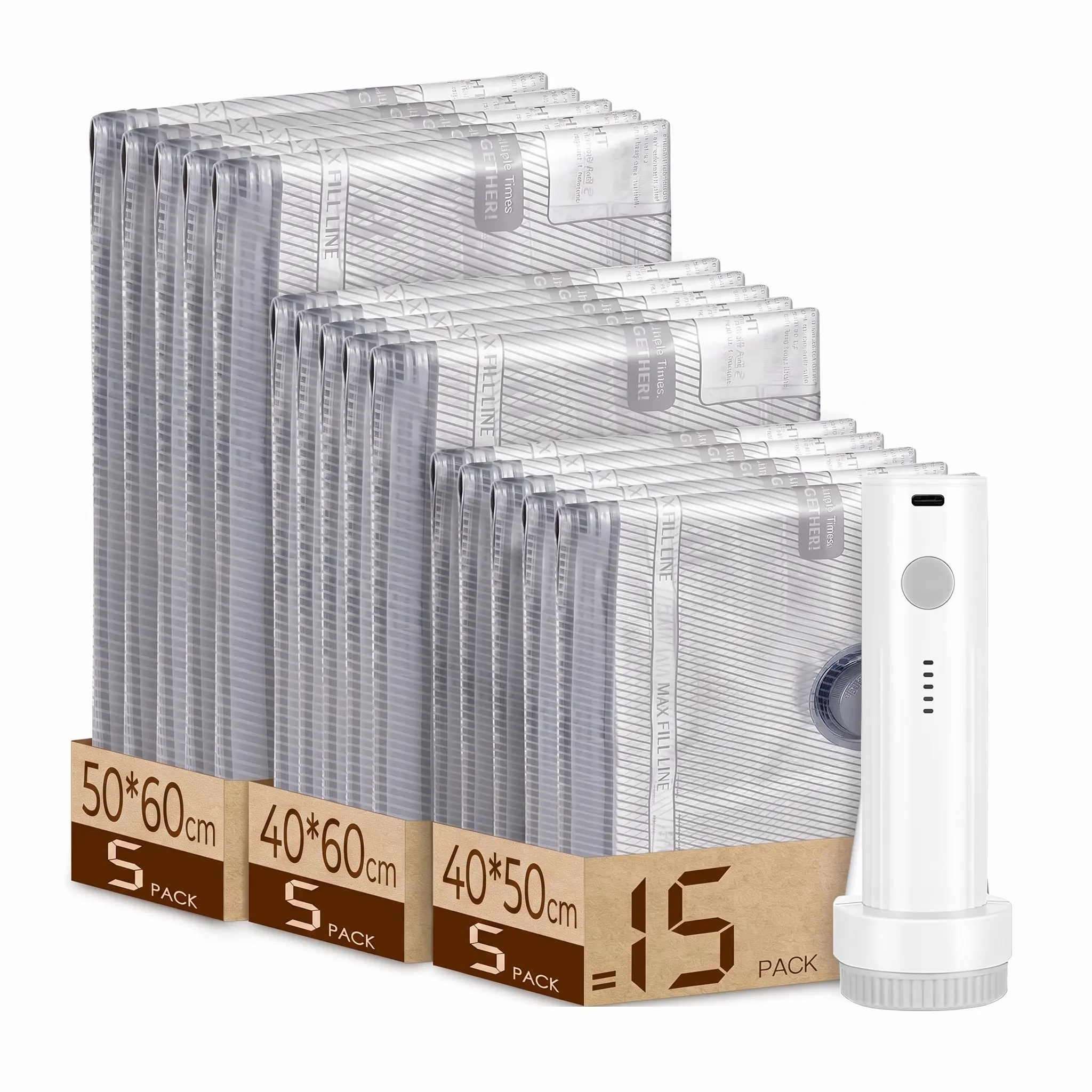Vacuum Sealer with 15-Pack of 50x60cm, 40x60cm, and 40x50cm Bags for Efficient Food Storage and Preservation