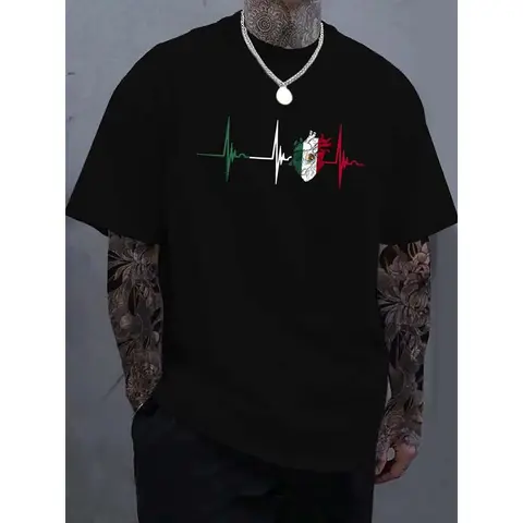Men's Mexico Flag Heartbeat Graphic Cotton Short-Sleeve Round Neck Casual Fitted Cut T-Shirt, Easy Go-To for Daily Wear, Graphic Print Adds Attitude, All-Season Menswear Tops