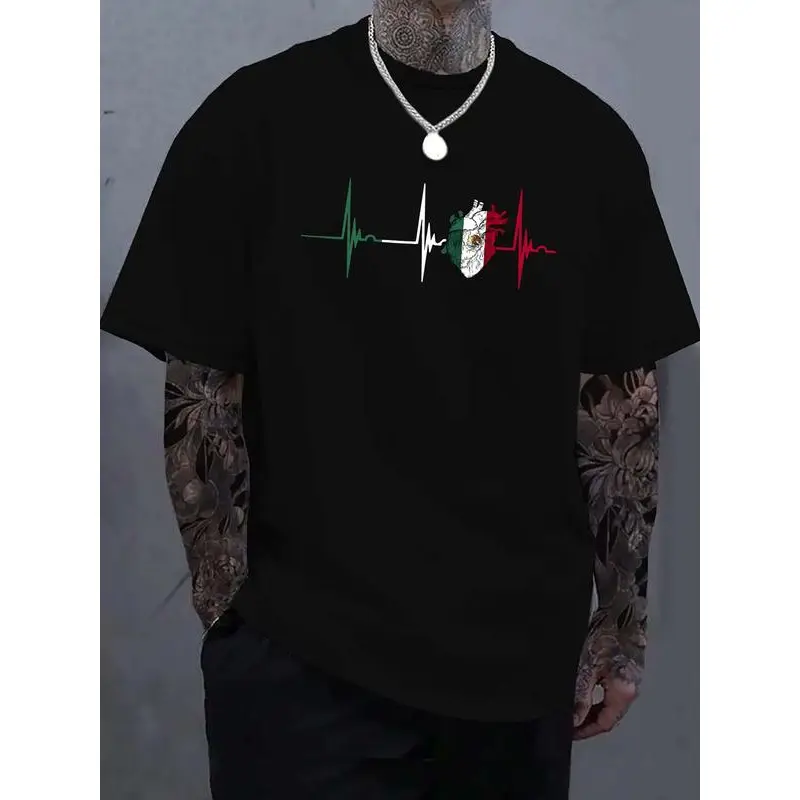 Men's Mexico Flag Heartbeat Graphic Cotton Short-Sleeve Round Neck Casual Fitted Cut T-Shirt, Easy Go-To for Daily Wear, Graphic Print Adds Attitude, All-Season Menswear Tops