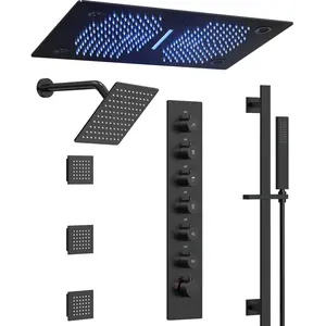 7.56" x 15.75" Ceiling Mount Luxury Dual Rain Shower System with 3 Body Jets,LED and Bluetooth Music,Smart Temp Flow,31 Spray patterns,Revitalize with Body Jets,Quiet Operation,Precision Temperature Control,2.5 GPM and 1.8 GPM