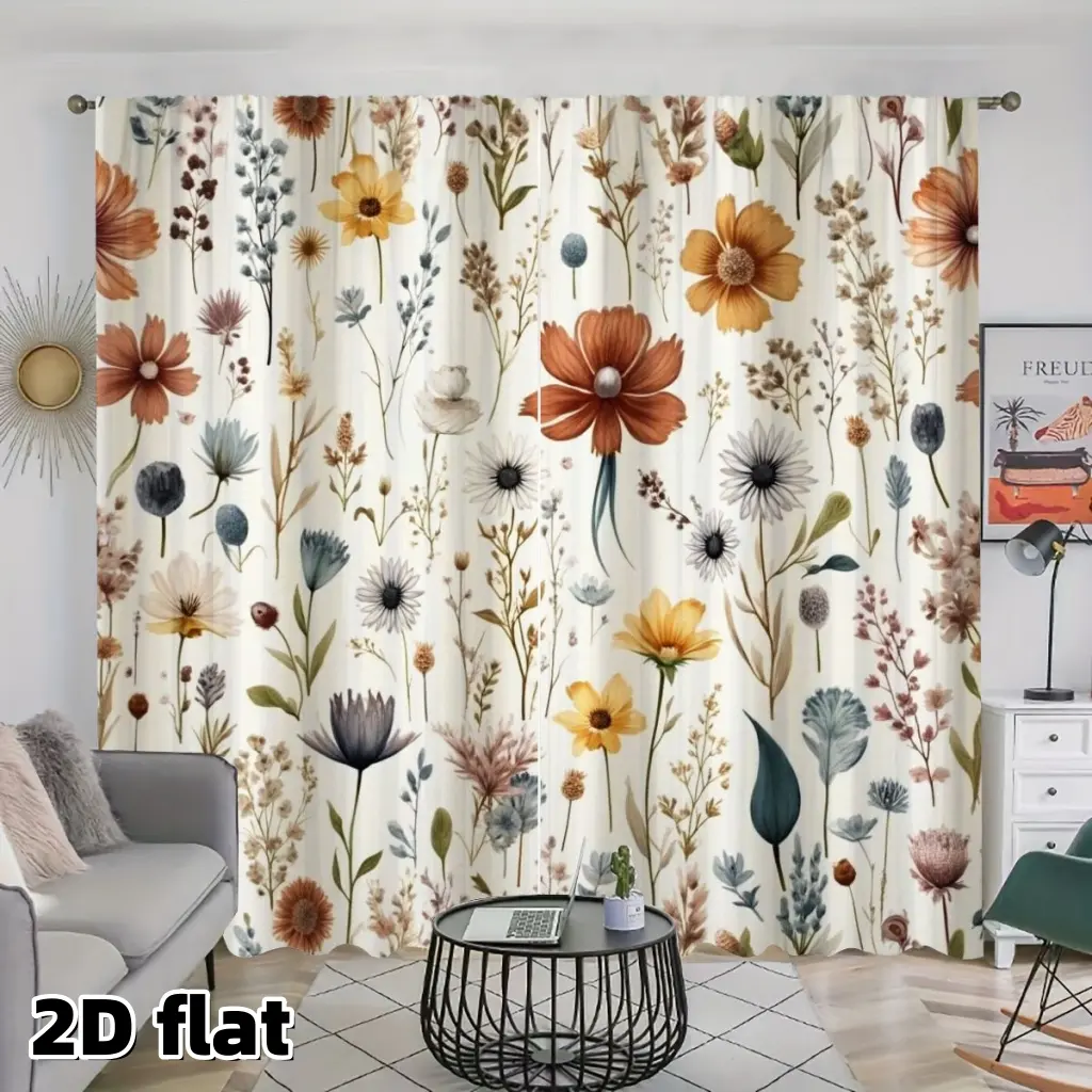 2D Flat 2Pcs Botanical Floral Curtains, Home Decoration Curtain, Easy Install, Dried Flowers Print, Rod Pocket Design, Semi Sheer Polyester Fabric, Farmhouse Country Style for Home, Rustic Decor, Window & Interior Decor Supplies