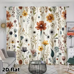 2D Flat 2Pcs Botanical Floral Curtains, Dried Flowers Print, Rod Pocket Design, Semi Sheer Polyester Fabric, Farmhouse Country Style Window Drapes for Living Room Bedroom, Rustic Decor, Interior Decoration Accessories, Window Decorations Supplies