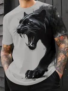 Men's Streetwear Casual Short-Sleeve T-Shirt with Realistic Black Panther Print in Jet Black - Round Neck, Fitted, Comfortable, Versatile, Classic Sports T-Shirt, Suitable for Daily Outings, Parties, Gatherings, and Gifts