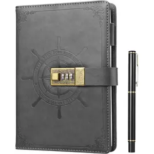 Diary with Lock, Refillable Journal with Lock Diary Organizer with Pen,  Faux Leather A5 College Ruled Lined Pages Locking Journal Notebook, Grey