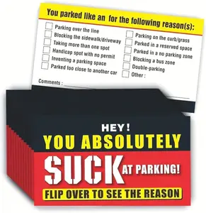 100-Pack Funny Parking Cards – “You Absolutely Suck at Parking” Gag Tickets for Drivers, Prank Gift, Windshield Notice with Multiple Hilarious Reasons