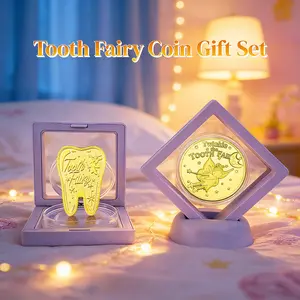 Tooth Fairy Coins Gift Set, Gold Keepsake Coin for Lost Tooth with Mystery Box & Display Stand, Tooth Fairy Keepsake Gift, Tooth Shaped or Unicorn Style Coin Souvenir