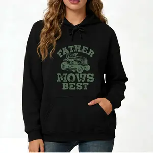 “Proud Fathers” long-sleeve hoodie featuring a hilarious lawn mower graphic and dad joke