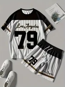Men's Casual T-Shirt and Shorts Set, Los Angeles Letter Design & 79 Pattern, Comfortable Polyester Fabric, Perfect Gift for Summer Outdoor Activities