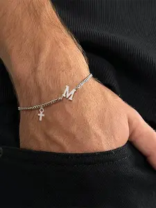 Men's Cross Initial Pendant Bracelet, Fashion Silver Color Stainless Steel Chain, Stylish Men's Jewelry Accessory, Initial Charm Bracelets