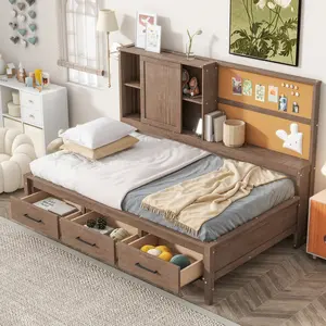Twin Daybed with Storage Drawers and Side Bookcase, Solid Wood Platform Bed Frame with Cork Board, USB Ports , Twin Size Daybed Sofa Bed for Bedroom Living Room