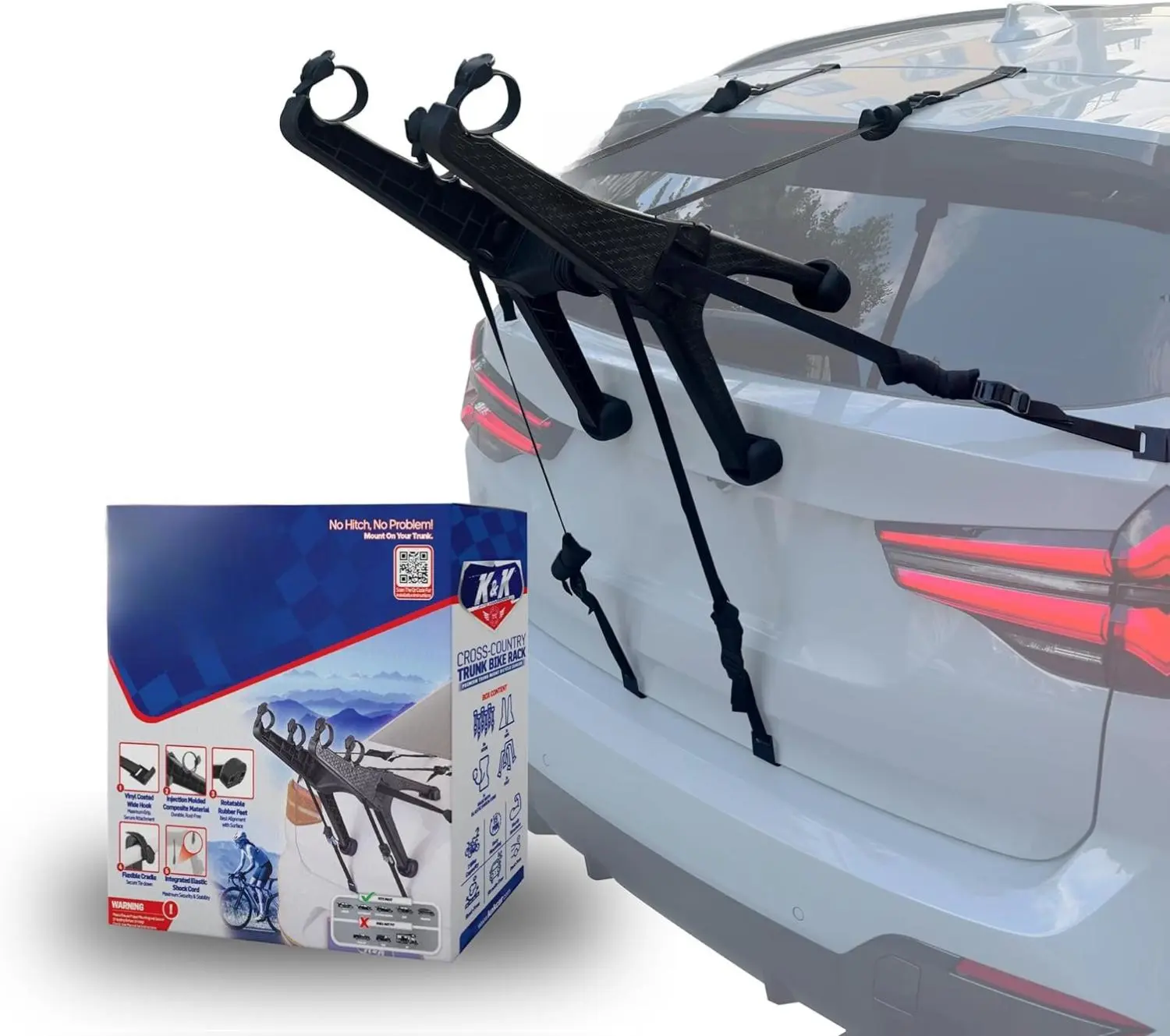 K&K Compact 2-Bike Trunk Bike Rack Premium Cross-Country Trunk-Mount Bicycle Carrier for Cars SUV Heavy Duty Rear Bike Transport Tool for Professional Cyclists