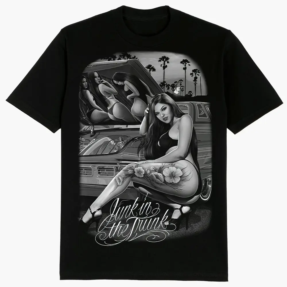 Charcoa Merkia Junk In The Trunk, Chicanos clothing , Lowrider clothing, Gangster clothes, Mexican Clothing Streetwear Shortsleeve Oversized Comfortable Fabric Menswear