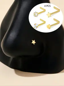 Cute Women's Nose Stud Set, 20g Stainless Steel Heart Design Cubic Zirconia, L-Shaped Screw, Daily Wear & Gift Idea, Nose Piercing Jewelry