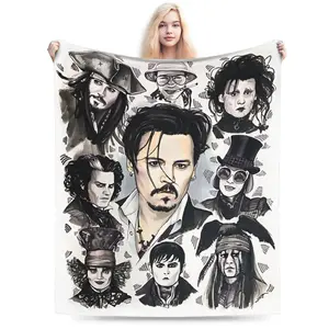 Johnny Depp Cartoon Flannel Blanket |     Soft and Warm, Ideal for Living Room Decoration, Perfect Gift for Christmas and Birthdays, Polyester, Mixed Colors