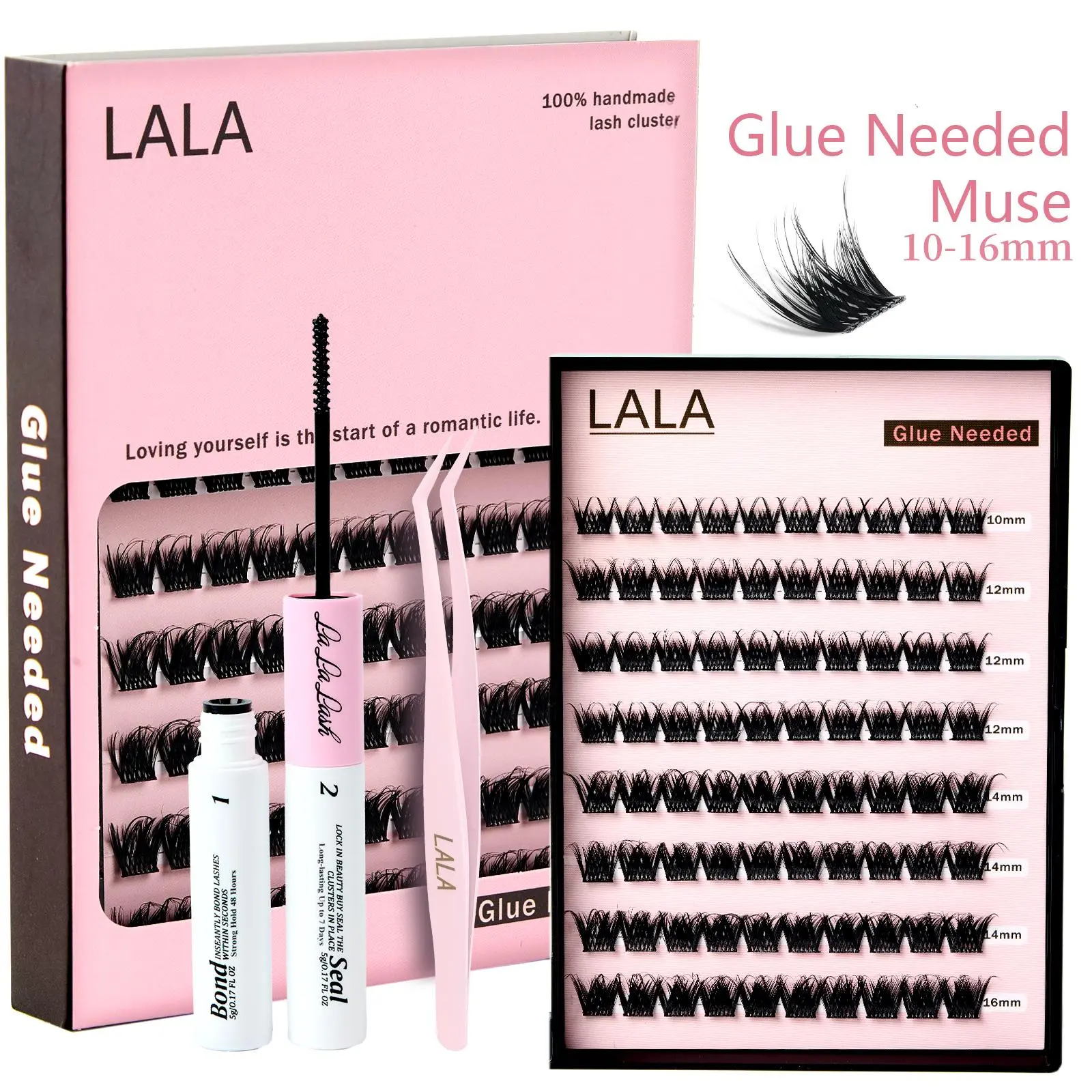 【Glue Needed】LALA DIY Lash Extension, Easy Apply Waterproof Long Lasting at Home, Pestañas,Lash Clusters D Curl Individual Lashes,Lash Clusters Kit Thick Eyelash Extension Kit, Thin Band Cluster Lashes, 10-16mm Eyelash Extension Kit Cosmetic