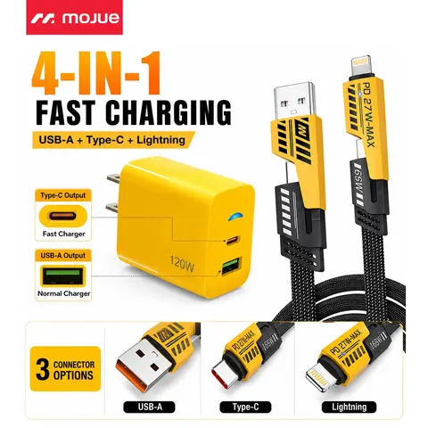 1 Pack Fast Charging 4-in-1 Kit - Dual Port Type C/USB A Charger & 5FT Flat Nylon Braided Cable, Auto Temp Control, High Wattage, Charger for iPhone 18-12 Pro Max, iPad, AirPods, Samsung Smartphone, Cellphone, Mobile Device