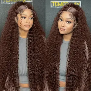 180% Density 30  32Inch Chocolate Brown Deep Wave Human Hair Wig Transparent 13x6 Lace Frontal Wigs For Women 13x4 Lace Front Water Curly Wigs