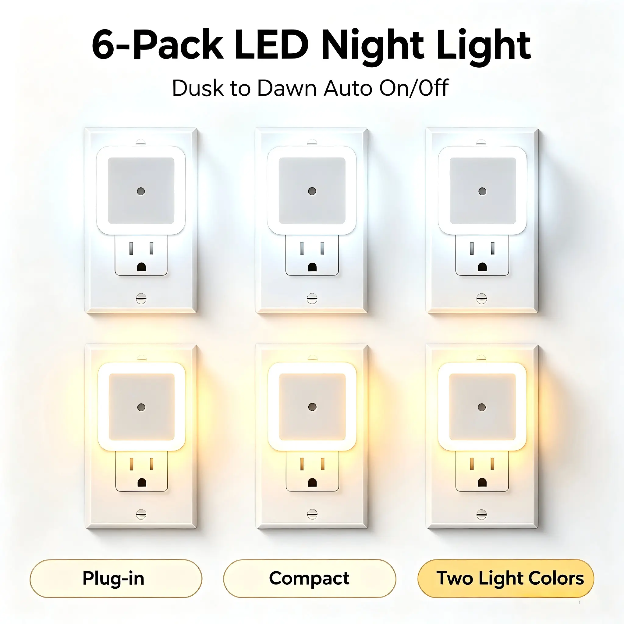 6-Pack Plug-in LED Night Lights with Dusk-to-Dawn Sensor, Auto On/Off, Energy-Saving Eco-Friendly Wall Lamps for Bedroom, Home Decor Party Gifts