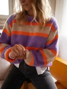 New Model Autumn Winter Striped Knit Sweater, Colorblock Design with Fluffy Texture and Eye-Catching Colors for Fashionable Knitwear, Cozy, Versatile, Comfort, Wear, Style, Outfit, Essential, Trendy, Chic